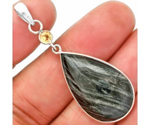 Silver Leaf Obsidian and Citrine Pendant SDP150972 P-1098, 17x28 mm