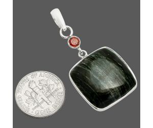 Silver Leaf Obsidian and Garnet Pendant SDP150983 P-1098, 19x19 mm