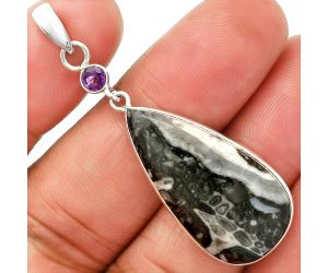 Mexican Cabbing Fossil and Amethyst Pendant SDP151009 P-1098, 16x30 mm