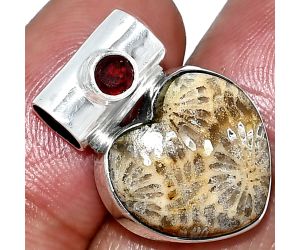 Heart - Flower Fossil Coral and Garnet Pendant SDP151715 P-1300, 15x16 mm