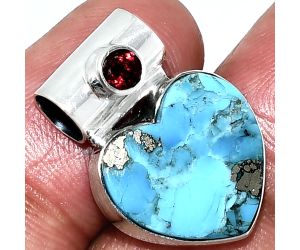 Heart - Kingman Turquoise With Pyrite and Garnet Pendant SDP151746 P-1300, 15x16 mm