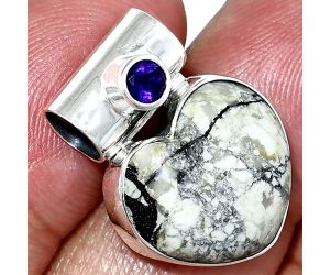 Heart - Authentic White Buffalo Turquoise Nevada and Amethyst Pendant SDP151759 P-1300, 15x16 mm