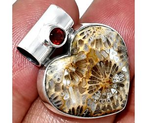 Heart - Flower Fossil Coral and Garnet Pendant SDP151800 P-1300, 19x21 mm