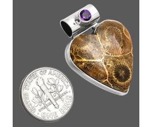 Heart - Flower Fossil Coral and Amethyst Pendant SDP151849 P-1300, 22x24 mm