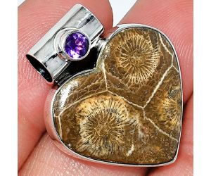 Heart - Flower Fossil Coral and Amethyst Pendant SDP151866 P-1300, 22x23 mm