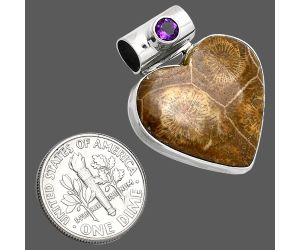 Heart - Flower Fossil Coral and Amethyst Pendant SDP151866 P-1300, 22x23 mm