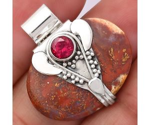 Lord Ganesha - Red Moss Agate and Ruby Pendant SDP75565 P-1464, 19x26 mm