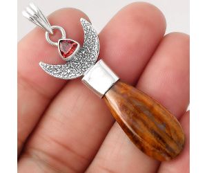 Crescent Moon Red Moss Agate and Garnet Pendant SDP81679 P-1453, 13x28 mm