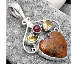 Valentine Gift Heart Red Moss Agate, Citrine & Garnet Pendant SDP81747 P-1244, 15x15 mm