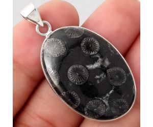 Natural Black Flower Fossil Coral Pendant SDP82678 P-1001, 21x32 mm