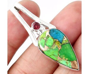 Blue Turquoise in Green Mohave & Garnet Pendant SDP84495 P-1006, 14x24 mm