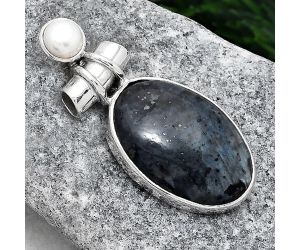 Larvikite Stone - Black Moonstone and Pearl Pendant SDP85842 P-1159, 15x22 mm