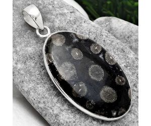 Natural Black Flower Fossil Coral Pendant SDP89838 P-1001, 24x39 mm