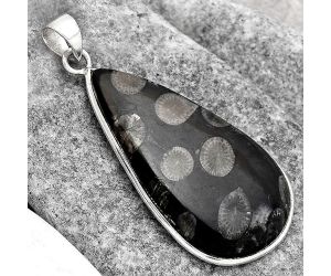 Natural Black Flower Fossil Coral Pendant SDP90828 P-1001, 22x39 mm