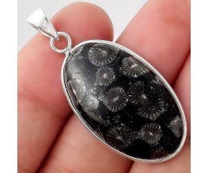 Natural Black Flower Fossil Coral Pendant SDP90859 P-1001, 18x30 mm