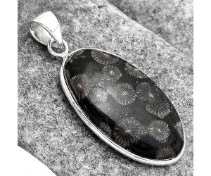 Natural Black Flower Fossil Coral Pendant SDP90859 P-1001, 18x30 mm