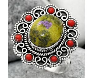 Natural Stichtite and Coral Ring size-8.5 SDR108922, 10x12 mm