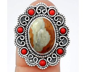 Natural Rocky Butte Jasper and Coral Ring size-8 SDR108928, 10x14 mm
