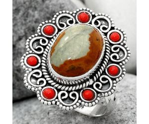Natural Rocky Butte Jasper and Coral Ring size-8 SDR108928, 10x14 mm