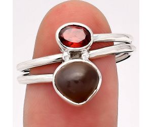 Natural Gray Moonstone and Garnet Ring size-8.5 SDR110316 R-1182, 8x8 mm