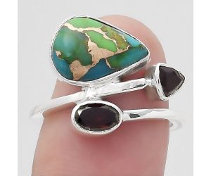 Blue Turquoise In Green Mohave - USA and Garnet Ring size-7 SDR136168 R-1237, 8x12 mm