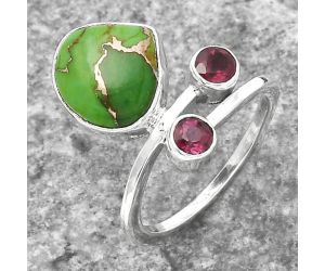 Copper Green Turquoise and Garnet Ring size-6.5 SDR136215 R-1237, 11x11 mm