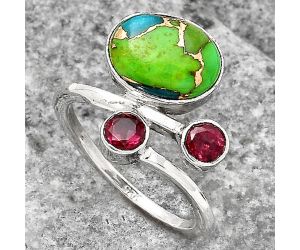 Blue Turquoise In Green Mohave - USA and Garnet Ring size-7 SDR136459 R-1237, 8x11 mm
