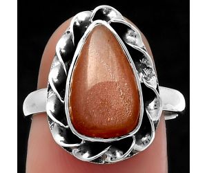 Natural Peach Moonstone Ring size-7.5 SDR159863 R-1083, 8x14 mm