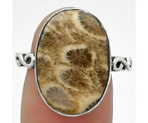Natural Flower Fossil Coral Ring size-7 SDR168638 R-1191, 13x19 mm