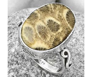 Natural Flower Fossil Coral Ring size-7 SDR168638 R-1191, 13x19 mm