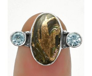 Copper Abalone Shell & Sky Blue Topaz Ring size-7 SDR172021 R-1112, 8x14 mm