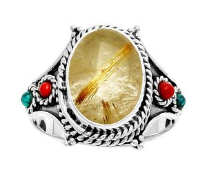 Golden Rutile, Coral & Turquoise Ring size-8.5 SDR188388, 9x13 mm