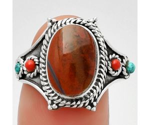 Red Moss Agate, Coral & Turquoise Ring size-9.5 SDR188398 R-1510, 9x13 mm