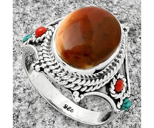 Red Moss Agate, Coral & Turquoise Ring size-7.5 SDR188404 R-1510, 10x13 mm