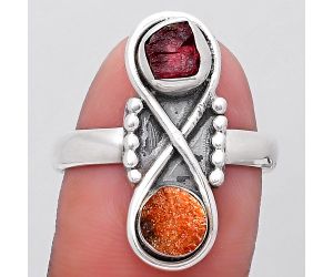Sunstone Rough & Pink Tourmaline Rough Ring size-9 SDR195229 R-1516, 6x6 mm