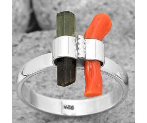 Coral Stick & Green Tourmaline Stick Ring size-7 SDR204188, 3x16 mm