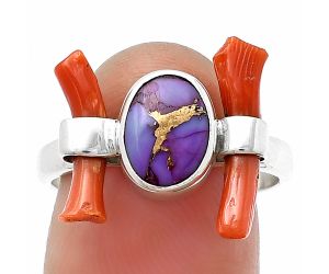 Copper Purple Turquoise & Coral Stick Ring size-8 SDR204885 R-1448, 7x9 mm
