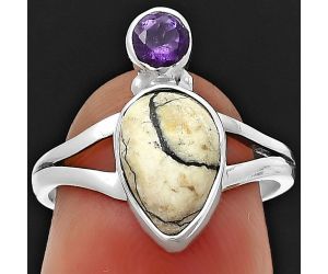 Authentic White Buffalo Turquoise Nevada and Amethyst Ring size-7 SDR206275 R-1242, 7x11 mm