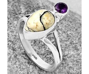 Authentic White Buffalo Turquoise Nevada and Amethyst Ring size-7 SDR206275 R-1242, 7x11 mm