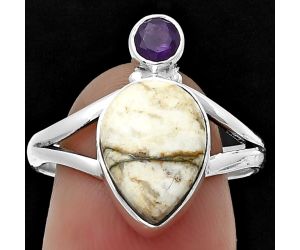 Authentic White Buffalo Turquoise Nevada and Amethyst Ring size-8.5 SDR206297 R-1242, 9x13 mm