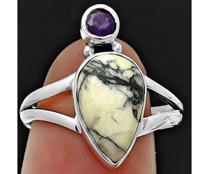 Authentic White Buffalo Turquoise Nevada and Amethyst Ring size-8 SDR206303 R-1242, 8x13 mm