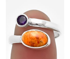 Adjustable - Red Sponge Coral and Amethyst Ring size-8 SDR209645 R-1205, 6x10 mm