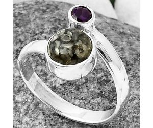 Adjustable - Crinoid Fossil Coral and Amethyst Ring size-8 SDR209647 R-1205, 8x8 mm