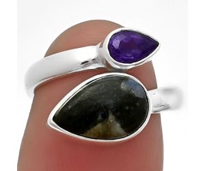 Adjustable - Llanite Blue Opal Crystal Sphere and Amethyst Ring size-6 SDR209686 R-1205, 7x11 mm