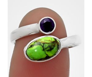 Adjustable - Green Matrix Turquoise and Amethyst Ring Size-7.5 SDR209767 R-1205, 6x10 mm