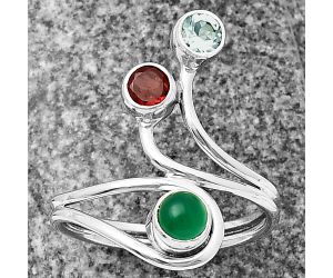 Green Onyx, Sky Blue Topaz & Garnet Ring Size-8.5 SDR210172, 5x5 mm