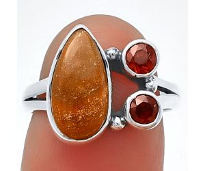 Red Moss Agate and Garnet Ring Size-7 SDR210380 R-1228, 7x14 mm