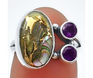 Copper Abalone Shell and Amethyst Ring Size-6 SDR210386 R-1228, 9x14 mm