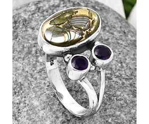 Copper Abalone Shell and Amethyst Ring Size-6 SDR210386 R-1228, 9x14 mm