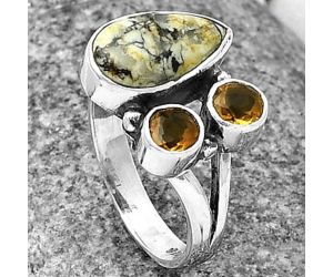 Authentic White Buffalo Turquoise Nevada and Citrine Ring Size-5 SDR210412 R-1228, 7x12 mm